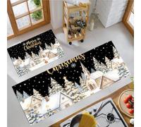 Watercolor Christmas Town Kitchen Mats Set of 2 - 43x75cm+43x150cm | Snow Village Christmas Tree Kitchen Floor Mats, Comfort, Non Slip, Washable, Autumn Home Decor, Low-Profile Kitchen Rugs for Floor