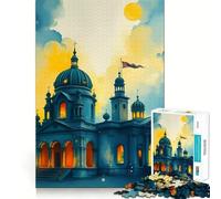 Watercolor Church at Sunset Adults Puzzles 1000 Piece Jigsaws Recall Skill Fun High Precision Die Cut Easy to Learn Family Enjoyment (38x26cm)