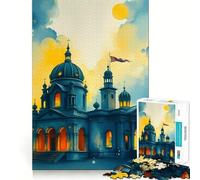 Watercolor Church at Sunset Jigsaw 1000 Pieces for Teenagers Memory Train Fun Clean Seamless Connection Relaxing Indoor Group Activity (50x75cm)
