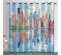 Watercolor City Small Window Curtains, City Architecture Short Curtain for Windows Blue Sky White Clouds Kitchen Window Curtains over Sink for Kitchen Laundry Room Loft, 28" x 54.3", 2 Panels