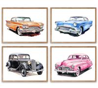 Watercolor Classic Car Art Prints,Retro Old Cars Canvas Wall Art,Vintage Classic Car Wall Poster,Vintage Car Artwork for Boys Room Nursery Decor Teens Bedroom Playroom Decor Set of 4(8”X10” Unframed)
