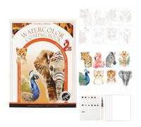 Watercolor Coloring Book,Creative Stress Relief Kit with 12 Colors Paint Cakes and Brush,DIY 3-Fold Watercolor Pad for Beginners and Enthusiasts,Art Therapy Travel Set-Animals