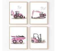 Watercolor Construction Car Trucks Vehicle Wall Art Prints,Pink Watercolour Construction Vehicles Wall Art Canvas，Nordic Posters Prints，Suitable for Children Room Decoration Nursery Decoration Toddler