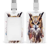 Watercolor Cool Owl Head Badge Holder Waterproof Plastic ID Card Badge Holders with Lanyard Vertical Card Case Protector Pouch Clear Window Work Badges for Women Men