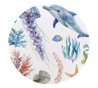 Watercolor Coral Dolphin Jellyfish Starfish Pattern Round Mouse Pad, Mousepad with Non-Slip Rubber Base, Computer Gaming Pads for Wireless Mouse, Easy Gliding