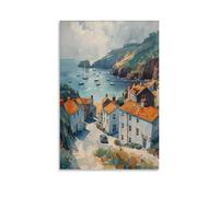 Watercolor Cornwall Painting, Port Isaac Vintage UK Cornish Seaside Poster 20x30inch(50x75cm)