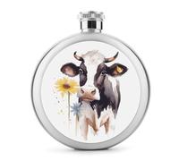 Watercolor Cow And Daisy Flower Hip Flasks for Liquor 5oz Stainless Steel Leakproof Thin Flasks Round Small Portable Travel Liquor Flask Modern Whiskey & Liquor Pocket Flask for Men&Women