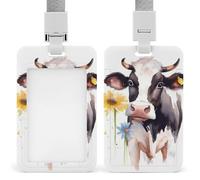 Watercolor Cow and Daisy Flower ID Badge Holder with Lanyard - Hard Plastic ID Card Holder Waterproof Name Tag Holders, Heavy Duty Badge Reel Vertical Card Protector for Office Nurse Teacher