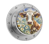 Watercolor Cow And Daisy Flower Kitchen Timer - Mechanical Visual Timer, Stainless Steel Digital Timers with Magnetic Base Egg Timers for Hard Boiled Eggs 60-Minute Countdown Kitchen Clock for Cooking