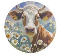 Watercolor Cow and Daisy Flower Personalized Jigsaw Puzzles, 195Pcs Custom Wooden Jigsaw Puzzle Round Puzzle Gift Adult