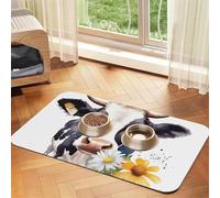 Watercolor Cow and Daisy Flower Pet Feeding Mat Absorbent Pu Leather Dog Cat Food Mats Contain Spills Protects Floors, Anti-Slip Rubber Backing Dog Bowl Mats Easy Clean Pet Placemats 30x45cm