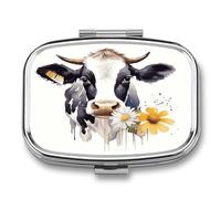 Watercolor Cow and Daisy Flower Pill Organizer Square Pill Case Metal Portable Pill Box 2 Compartments Small Medicine Box Sealed Travel Pill Container Vitamin Pill Organizer