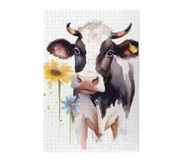 Watercolor Cow and Daisy Flower Puzzles 1000 Pieces Personalized Jigsaw Puzzles Wooden Photo Puzzle for Adults Family Picture Puzzle Gifts for Wedding Birthday Valentine's Day Gifts(29.5" x 19.7")