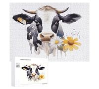 Watercolor Cow and Daisy Flower Puzzles for Adults Wooden Jigsaw Puzzle with Storage Box Personalized Exquisite Wooden Puzzle for Home Wall Decorative Puzzles&Relaxing Gifts 500 PCS Pieces