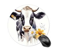 Watercolor Cow and Daisy Flower Round Mouse Pad Cute Funny Computer Mousepad Premium Washable Desktop Protection Mouse Mat with Non-Slip Rubber Base for Home Office