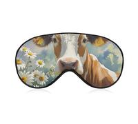 Watercolor Cow and Daisy Flower Sleep Mask Light Blocking Eye Cover Polyester Eye Mask with Elastic Strap Blindfold for Side Sleeper Sleeping Masks Face Hugging for Women Men Travel