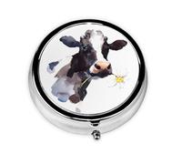 Watercolor Cow and Daisy Flower This Small, Round, Three-Compartment Travel Pill Box is Perfect for Storing Daily medications, Vitamins, and on-The-go.