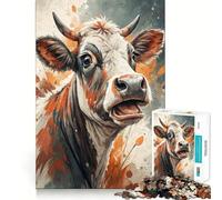 Watercolor Cow Portrait with Open Mouth Jigsaw Puzzles 1000 Mental Focus Game Precision Cut Smooth Edges Meaningful Connection Building Game (38x52cm)