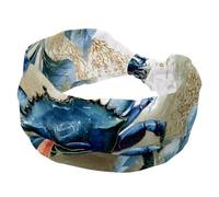 Watercolor Crab Sea Blue Algae with Bubbles and Coral Starfish Wide Headbands for Women, Yoga Workout Head Bands Wide Elastic Hair Bands for Washing Face Makeup