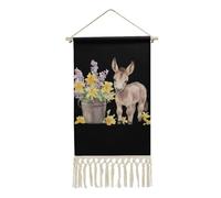 Watercolor Cute Donkey Flowers Hanging Wall Art Poster Cotton Linen Picture for Home Decor with Tassel