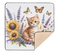 Watercolor Cute Ginger Kitten and Lavender Flowers Baby Play Mat 50" x 50", Playmat for Playpen, Thicken Soft Padding Foam Crawling Mat for Babies Toddlers Infants
