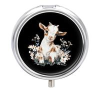 Watercolor Cute Goat Small Pill Organizer with 3 Compartments Travel Medicine Case Portable Round Vitamin Storage Box