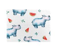 Watercolor Cute Hippo Watermelon,500 Pieces Puzzles for Adults-Wooden Jigsaw Puzzle for Adults Elderly