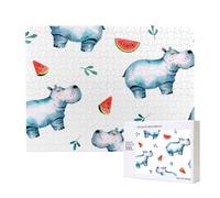 Watercolor Cute Hippo Watermelon,500 Pieces Wooden Jigsaw Family Game Jigsaw Puzzles for Adults Teens Home Decor