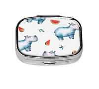 Watercolor Cute Hippo Watermelon,Meta Pill Box 2 Compartment Medicine Case,Portable Organizer