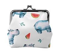 Watercolor Cute Hippo Watermelon, PU Leather Coin Purse, Small Wallets, Change Pouch with Kiss Lock Clasp Buckle, Change Purse
