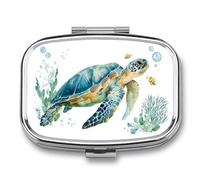 Watercolor Cute Sea Turtle Swimming with Fish Pill Box 2 Compartment Portable Medicine Pill Case Travel Pill Organizer for Pocket Purse