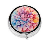 Watercolor Dahlia Flower Round Pill Box with 3 Compartments, Mini Metal Pill Organizer for Purse or Pocket, Lightweight Portable for Daily Use Gifts Travel