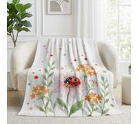 Watercolor Daisies Ladybugs Fleece Blankets 130 x 150 cm Cosy Throw Blanket | Pastoral Small Wildflowers Green Stems Fleece Throw Blanket for Bed Couch and Travel Living Room Camping Bedroom Bedspread
