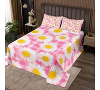 Watercolor Daisy Bedding Set Double Size 3 Pcs,Pink Patchwork Plaid Rustic Style Bedspread for Kids Girls Teens,70s Groovy Hippie Flowers Decor Coverlet Set with 2 Pillowcases