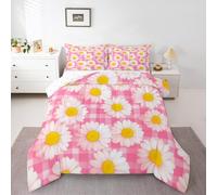 Watercolor Daisy Comforter Set Double 3 Pcs,Pink Patchwork Plaid Rustic Style Bedding Set for Kids Girls Teens,70s Groovy Hippie Flowers Decor Comforter Duvet Set with 2 Pillowcases