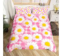 Watercolor Daisy Duvet Cover Super King Size 3 Pcs,Pink Patchwork Plaid Rustic Style Bedding Set for Kids Girls Teens,70s Groovy Hippie Flowers Decor Comforter Cover 2 Pillowcases(No Comforter)