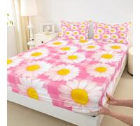 Watercolor Daisy Fitted Sheet King Size 3 Pcs,Pink Patchwork Plaid Rustic Style Bedding Set for Kids Girls Teens,70s Groovy Hippie Flowers Decor Bed Cover with 2 Pillowcases(No Top Sheet)