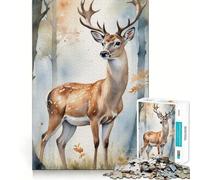 Watercolor Deer in Forest Adults 1000 Piece Jigsaw Puzzle Memory Fun Game Clean Cut Sturdy Components Unique Gift for Stress Relief (38x26cm)