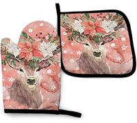 Watercolor Deer Oven Mitts and Pot Holders Sets Non-Slip with Soft Cotton Lining Heat Resistant Gloves for Microwave Cooking Baking