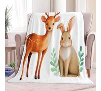 Watercolor Deer Rabbit Throw Blanket Ultra Soft Warm All Season Blankets, White Decorative Fleece Blankets for Bed Chair Car Sofa Couch Bedroom 180 x 220 cm