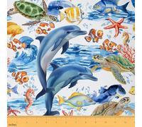Watercolor Dolphin Fabric by The Yard,Marine Animals Sea Turtles Fish Starfish Upholstery Fabric,Colorful Hand Painted Print Waterproof Fabric for Home DIY Projects,1 Yard