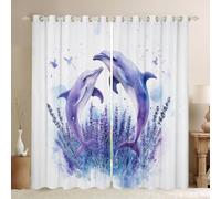 Watercolor Dolphin Window Curtains Purple Lavender Tie Dye Flowers Window Drapes for Kids Teens Adults Cute Wild Sealife Dreamy Curtains for Living Room 2 Panels 46Wx54L