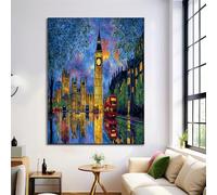Watercolor Double Decker Bus Oil Painting On Canvas Print Posters Large Navy Blue London Big Ben Wall Art Modern Living Room Decor Fine Art Decorative 31X47In Frameless