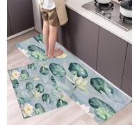 Watercolor Dragonfly Kitchen Rug Set, 2 Pieces Non Slip and Anti Fatigue Water Lily Pond Kitchen Mat Set, Washable Floor Mat, Blue-Green Standing Mats for Hallway Bedroom 40x60cm+40x120cm