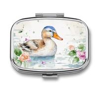 Watercolor Duck Pill Box 2 Compartments Portable Travel Pill Case Mini Medicine Organizer for Pocket Purse Metal Waterproof Medicine Container Holder Vitamin Fish Oil