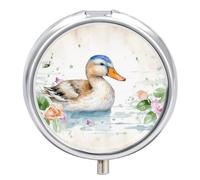 Watercolor Duck Travel Pill Box Case 3 Compartment Cute Pill Organizer Metal Pill Holder with Mirror Small Medicine Organizer Daily Pill Container for Purse Pocket Portable Meds Box