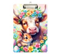 Watercolor Easter Bunny Cute Scotland Cow Portable clipboard Hard Board for Football Softball Coaching Size 9 x 12 Silver