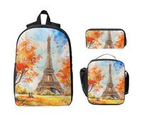 Watercolor Eiffel Tower Backpack Set for Girls Boys with Lunch Bag Pencil Case Autumn Paris 3 Pieces School Bags Insulated Lunchbox Gifts for Women Men