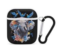 Watercolor Elephant Parrots Funny Case Cover Compatible for AirPods 1 & 2 Earbuds Protective Hard Cover with Keychain