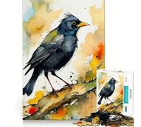 Watercolor Eurasian Blackbird on Branch Adults 1000 Pieces Puzzle Mind Training Fun Burr Free Clean Cut Pieces Heartwarming Gathering Activity (38x52cm)